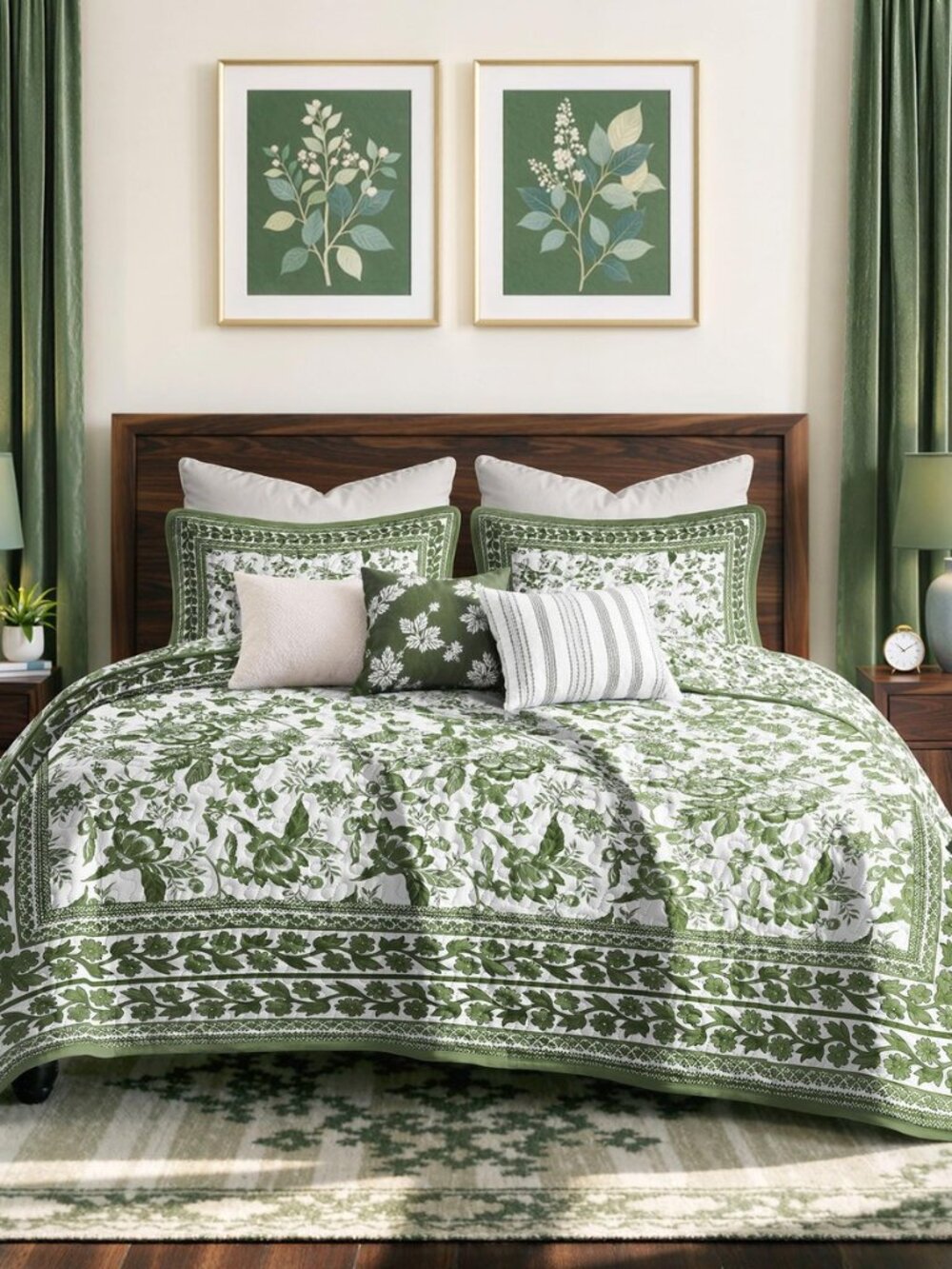 Green Vintage Floral Quilt Set King/Cal King Size, 3-Piece Classic Reversible